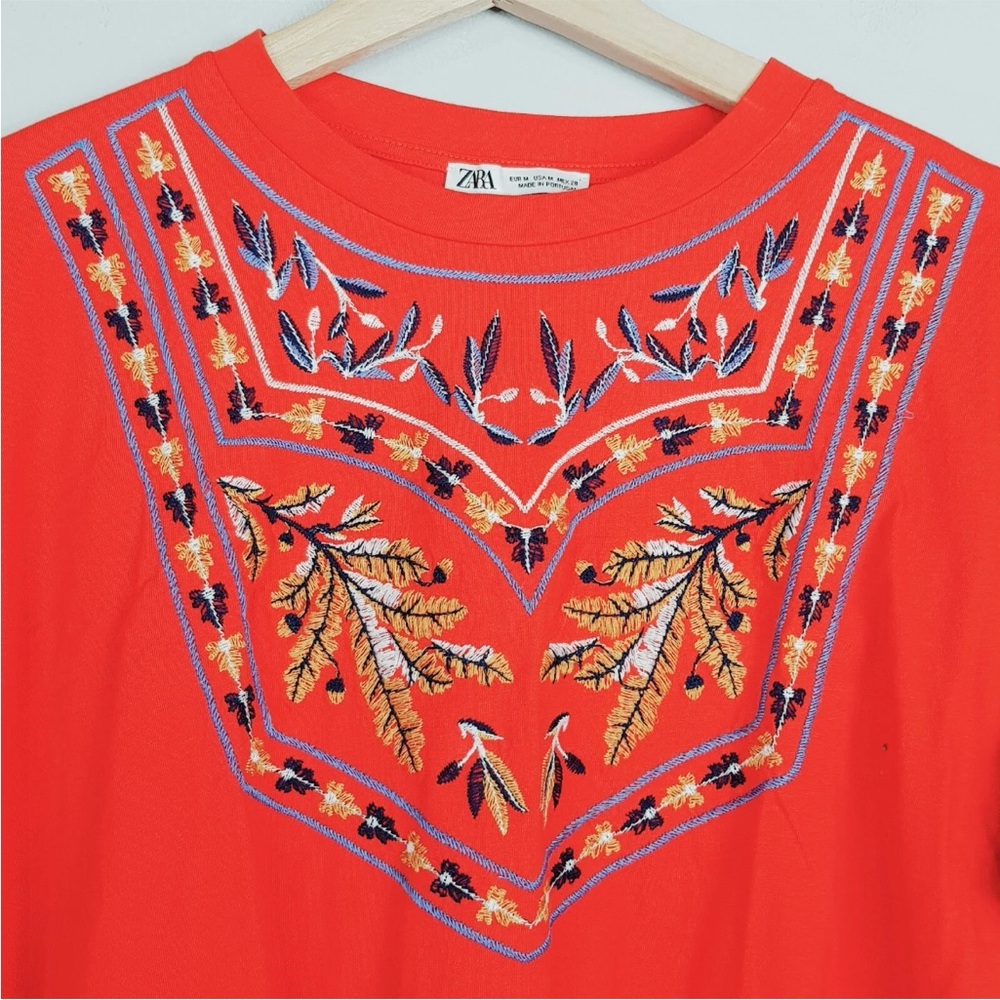 Zara Orange Embellished T-Shirt with Bib Collar